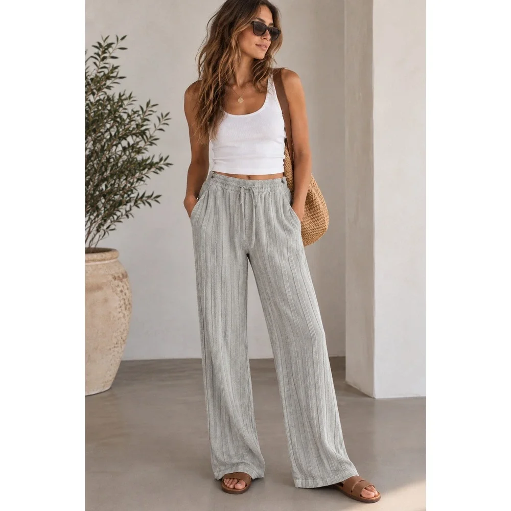 Zara Textured Cotton Wide Leg Pants Womens S Green Drawstring Pull On Coastal